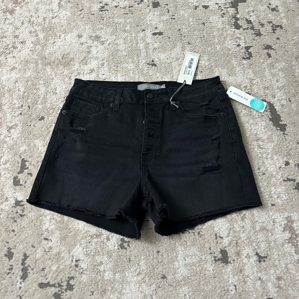 Just USA High Rise Button Fly Black Denim Shorts | Size 10 | NWT